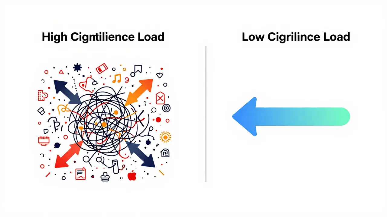 Split-screen illustration comparing cluttered high-load design with clean low-load design