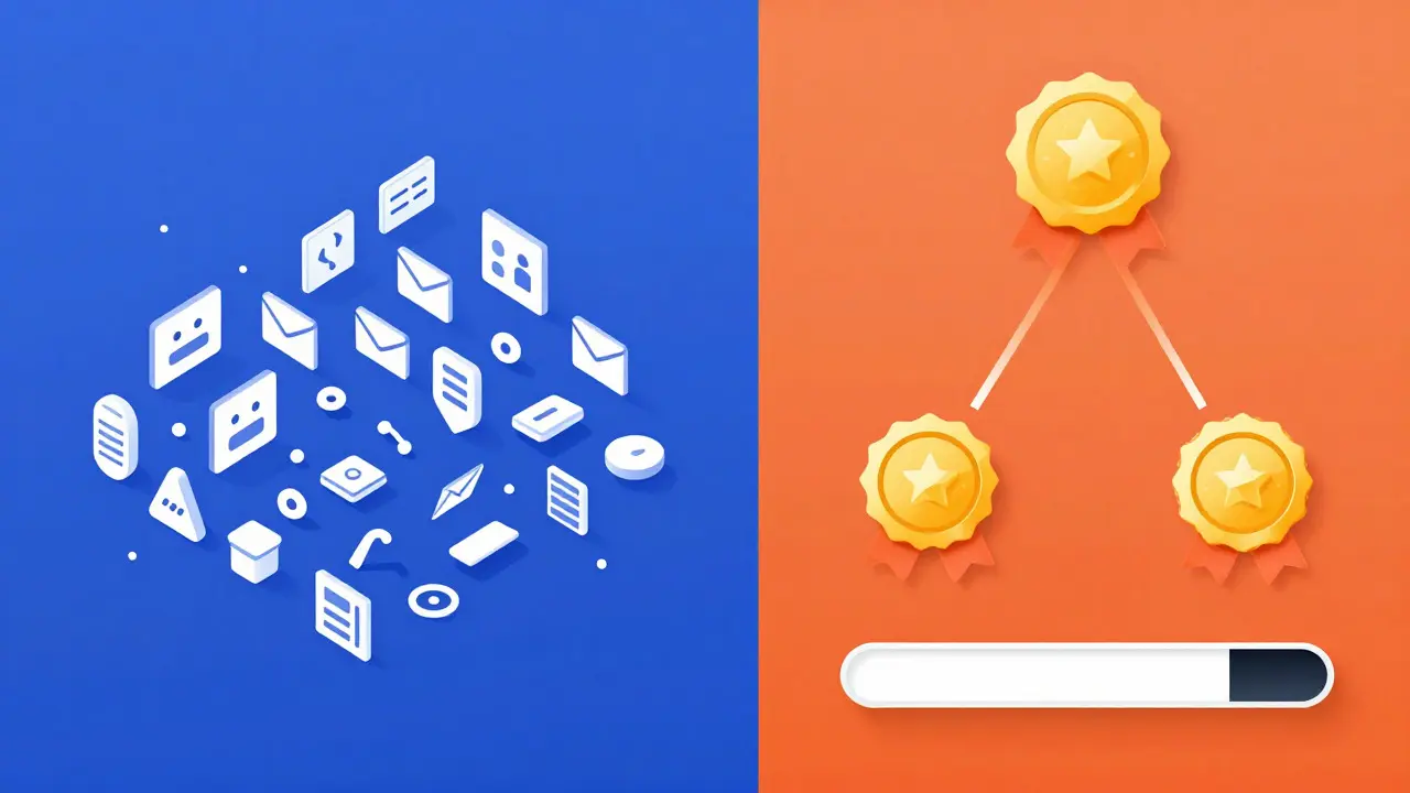 Split view comparing chaotic spam vs structured mastery in gamification