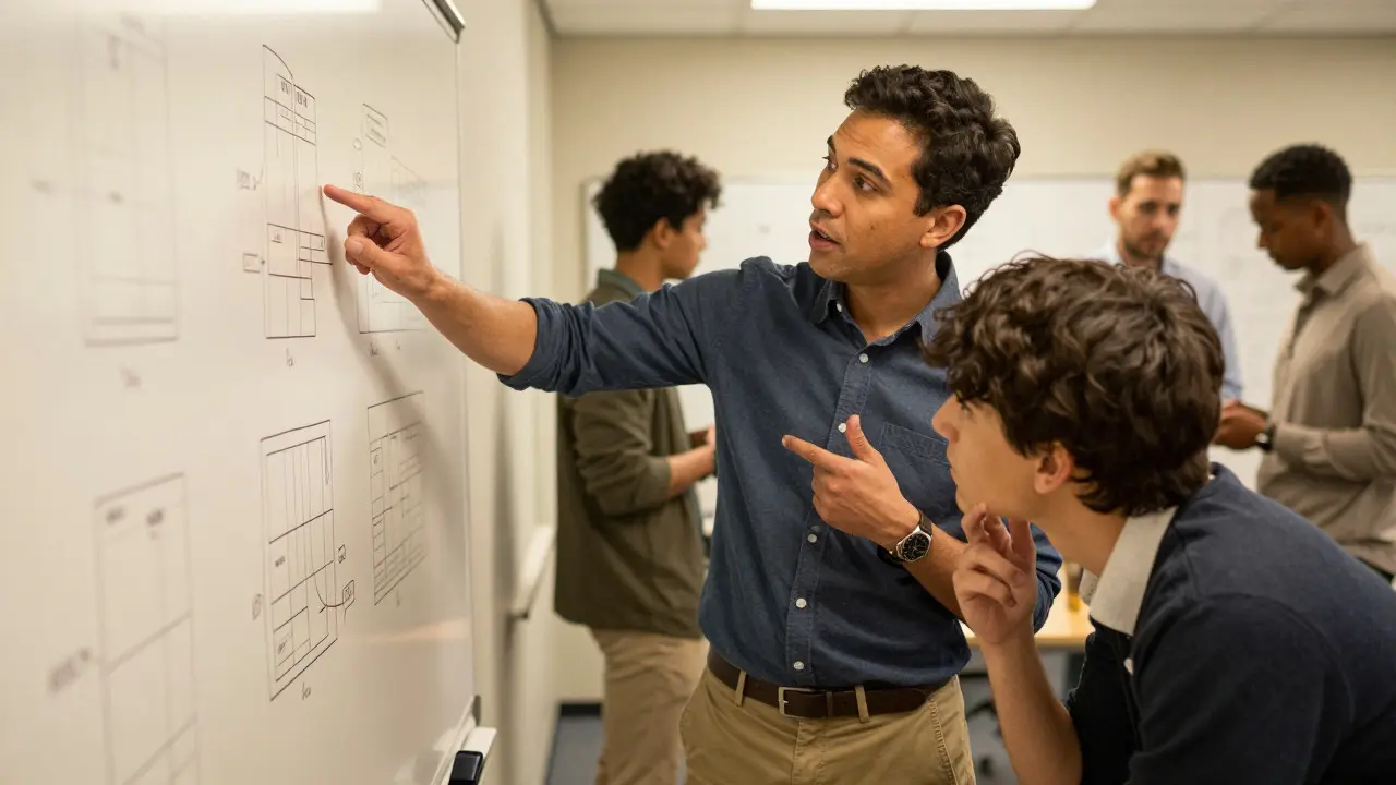 Student asking instructor a question in a collaborative workshop setting, emphasizing mentorship