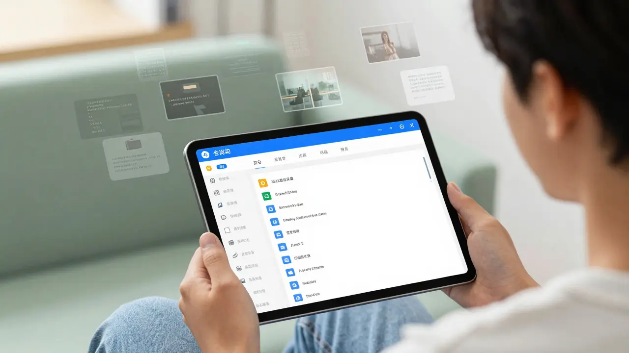 Student holding a tablet displaying an organized digital library of categorized video lessons