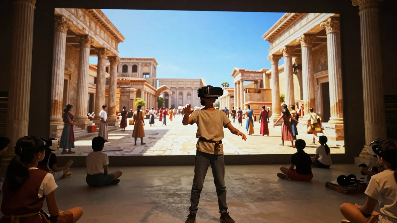 Student in a VR headset experiencing a virtual tour of ancient Rome