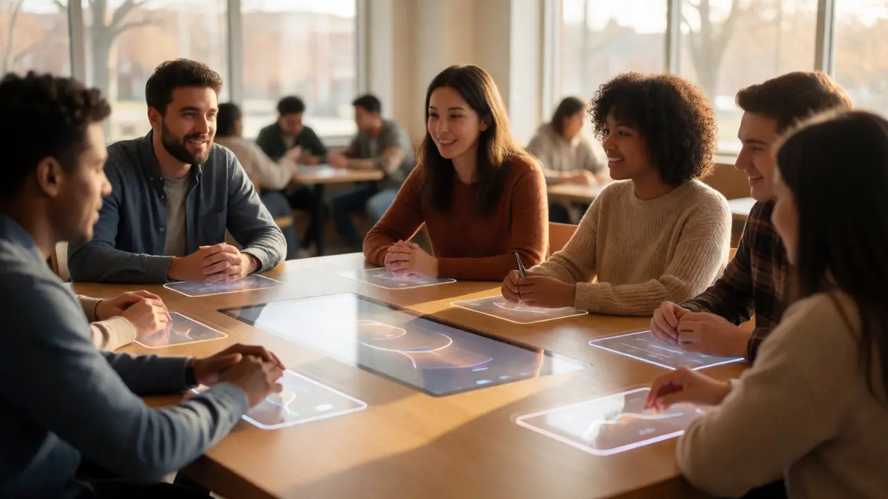 Students and teacher collaborating around an interactive privacy dashboard table