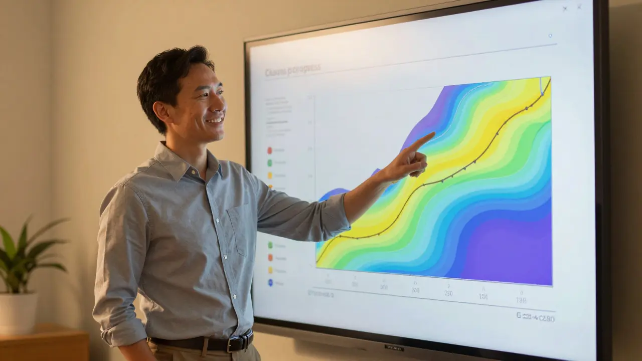 Teacher analyzing class performance data on a futuristic transparent screen