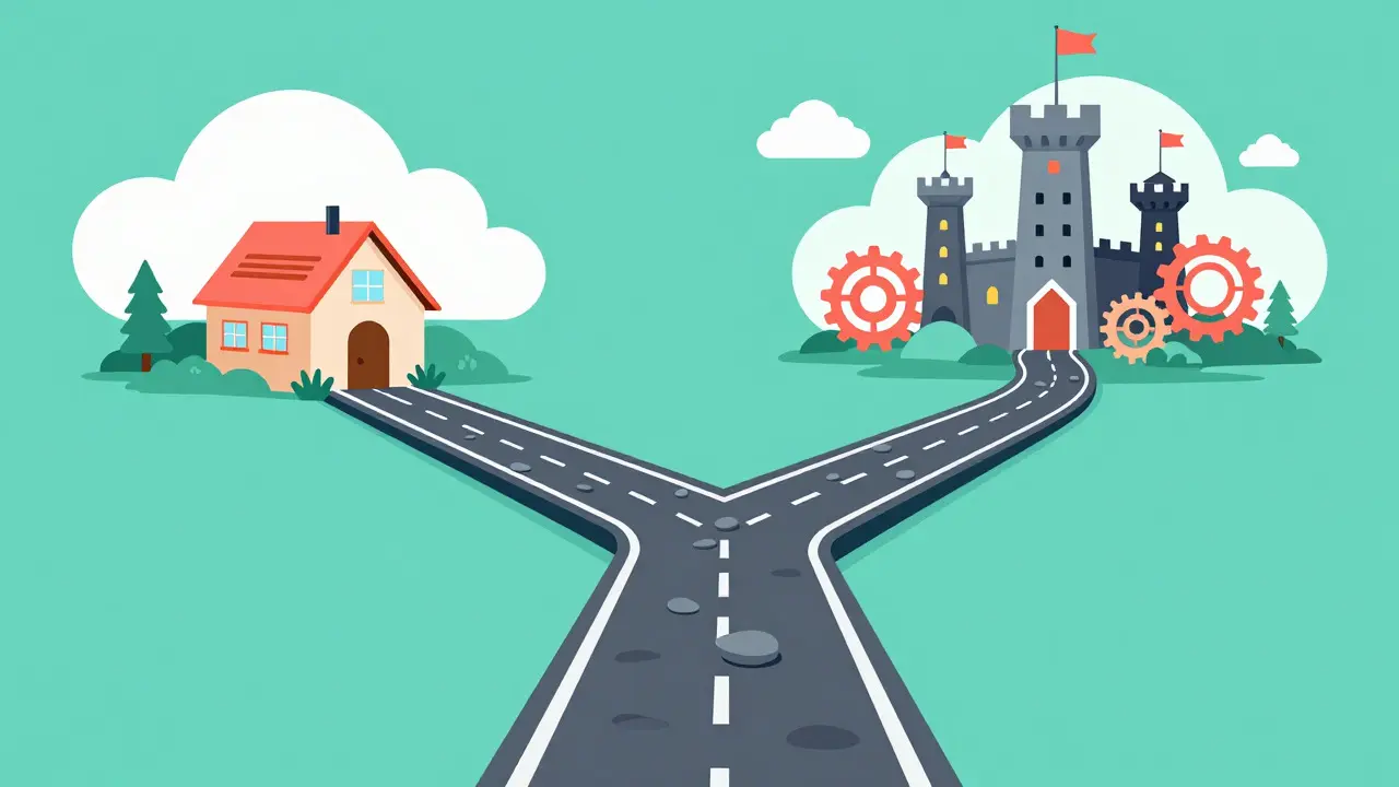 Vector art of a path splitting into a short direct route and a long complex networked route.
