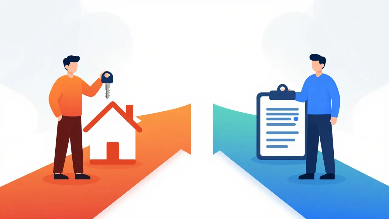 Vector illustration showing two diverging career paths for real estate sales and property management