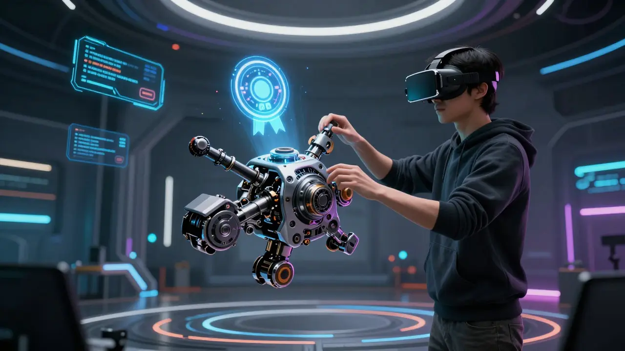 VR user assembling an object to earn a holographic achievement badge