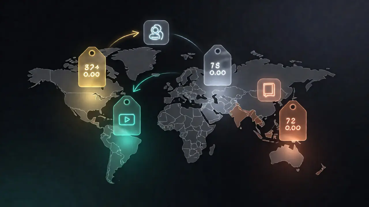 Abstract 3D map showing tiered pricing models across different world regions
