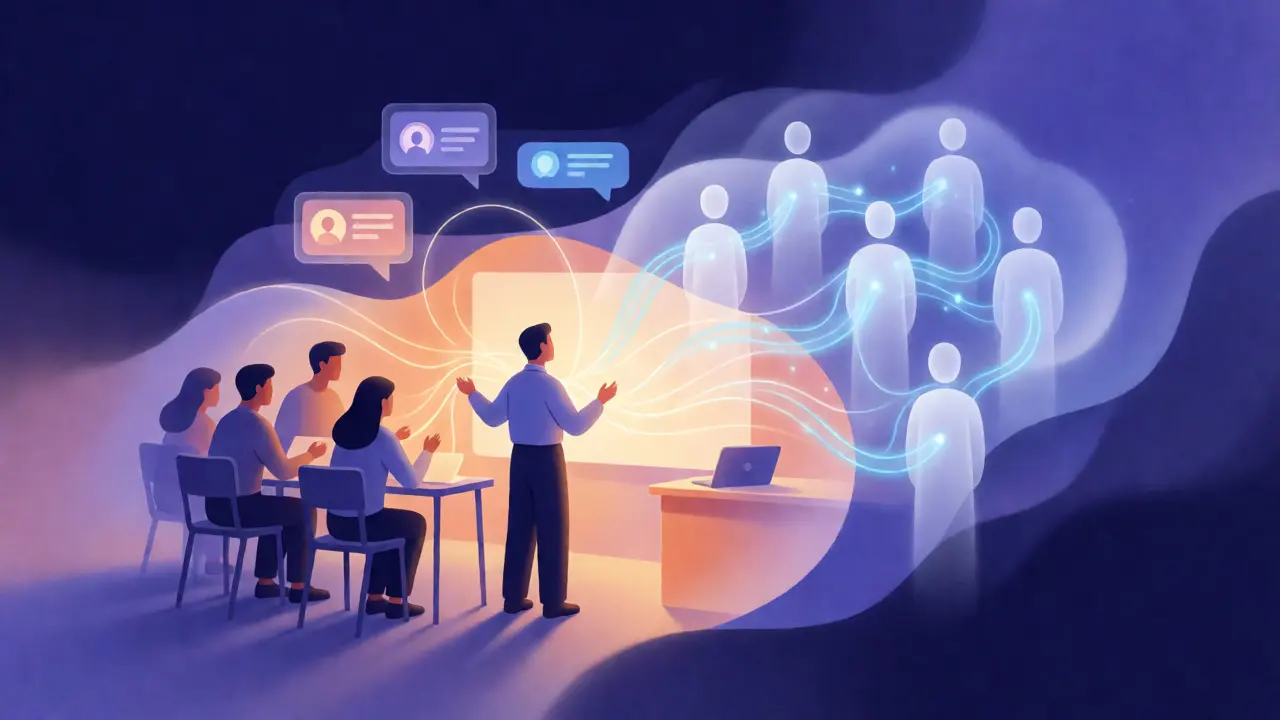 Abstract art of a teacher connecting physical and digital learners with light threads