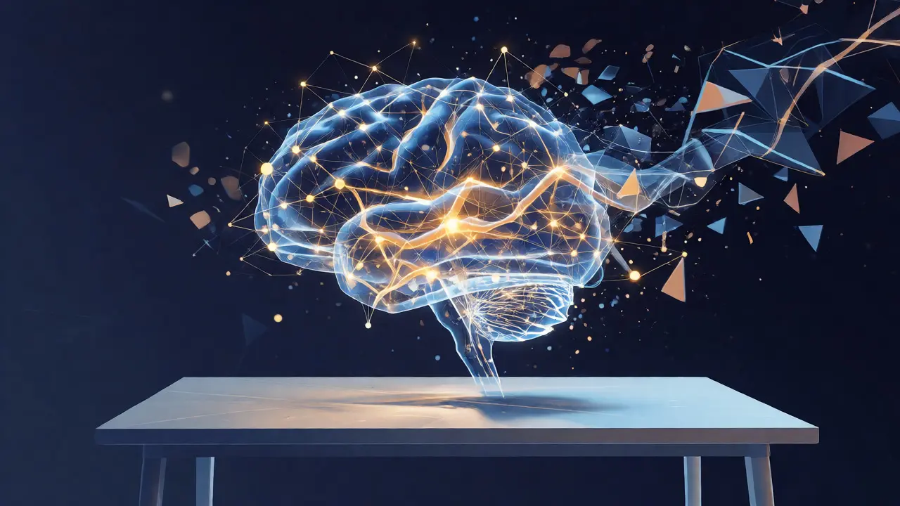 Abstract visualization of a glowing brain with flowing data streams.
