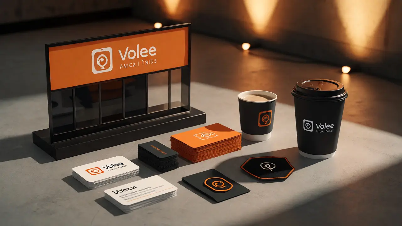 Branded merchandise mockups including cards and signage