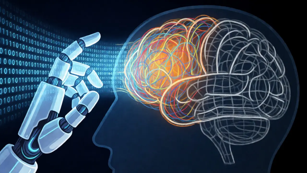 Conceptual art contrasting human creative chaos with AI statistical uniformity.