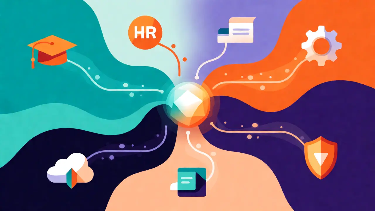 Conceptual diagram showing LMS integrations with HR, cloud, and security tools