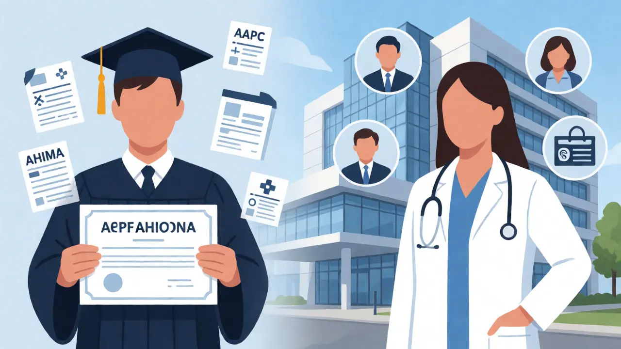 Conceptual illustration comparing medical certification and healthcare administration degrees.