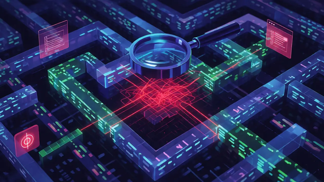 Conceptual visualization of debugging code using a magnifying glass