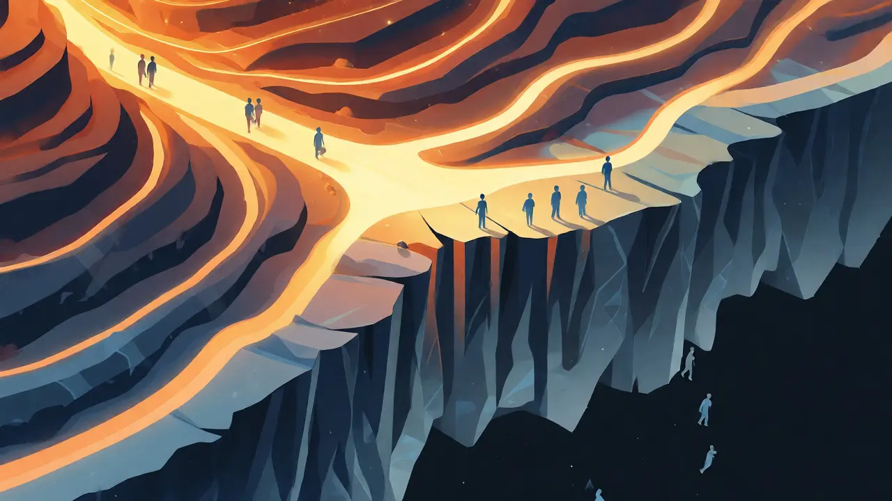 Conceptual visualization of student retention paths falling off a steep churn cliff