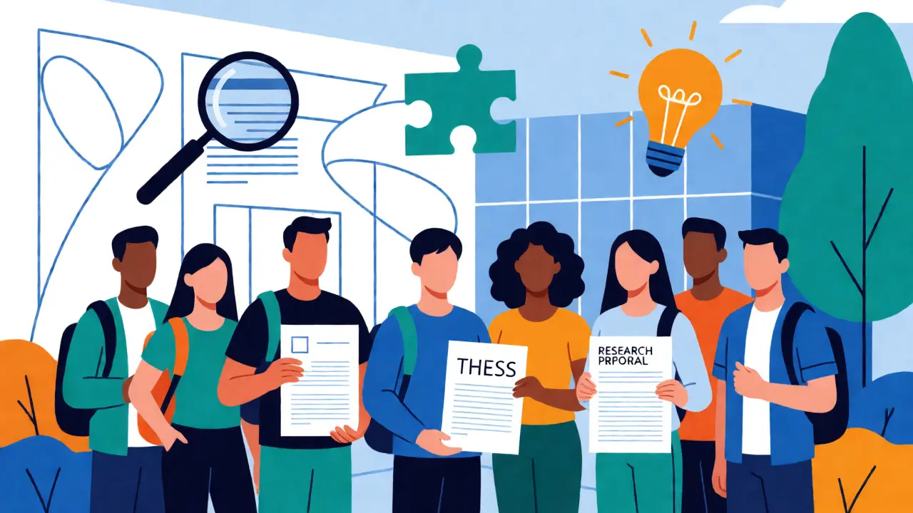Diverse students holding academic documents with symbolic icons above