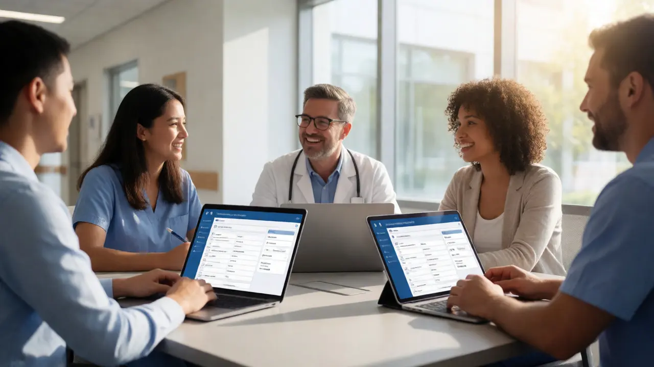 Diverse team collaborating with laptops in a bright, modern healthcare office.