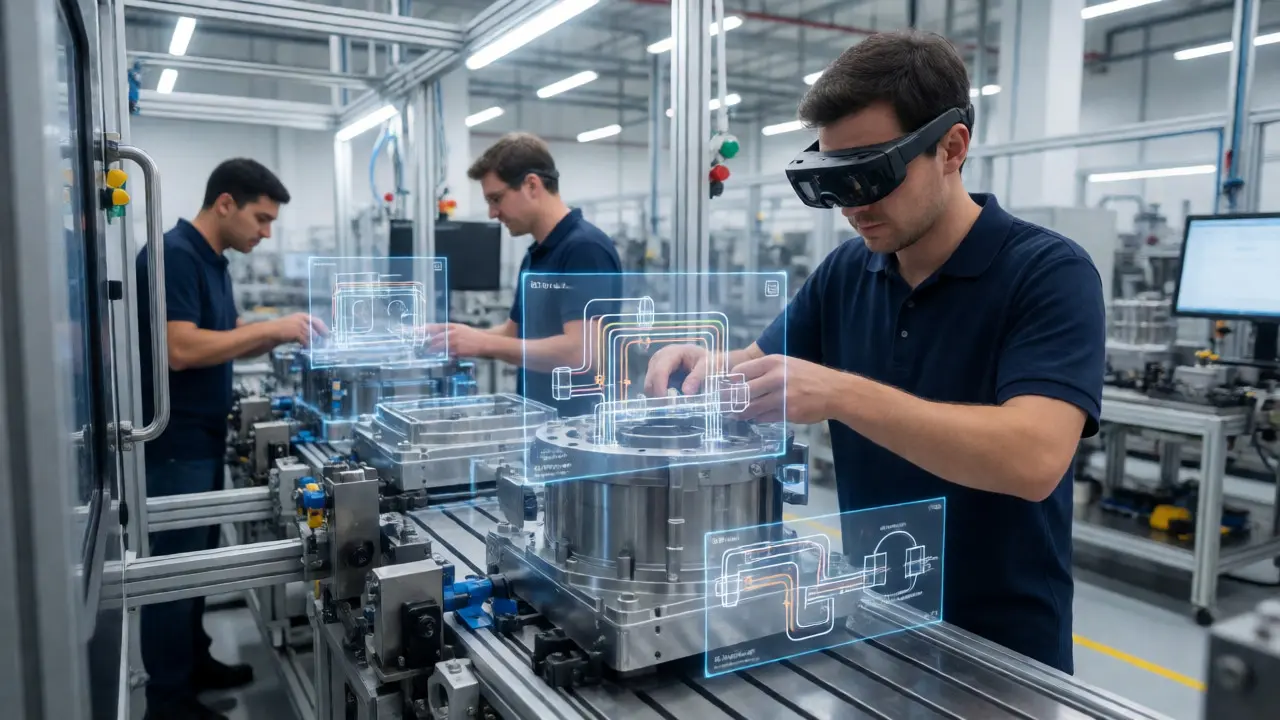 Factory worker using AR glasses with digital overlays on an assembly line