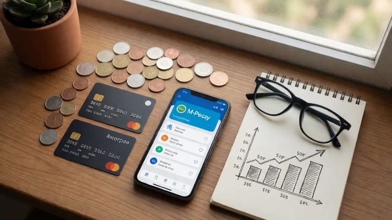 Flat lay of diverse payment methods including cards and mobile wallets