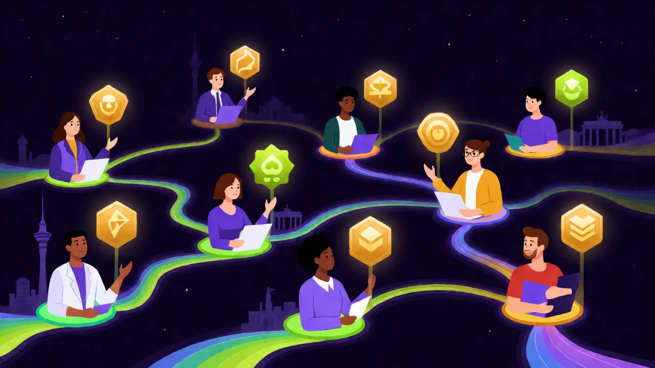 Global learners connected by data streams and glowing skill badges.