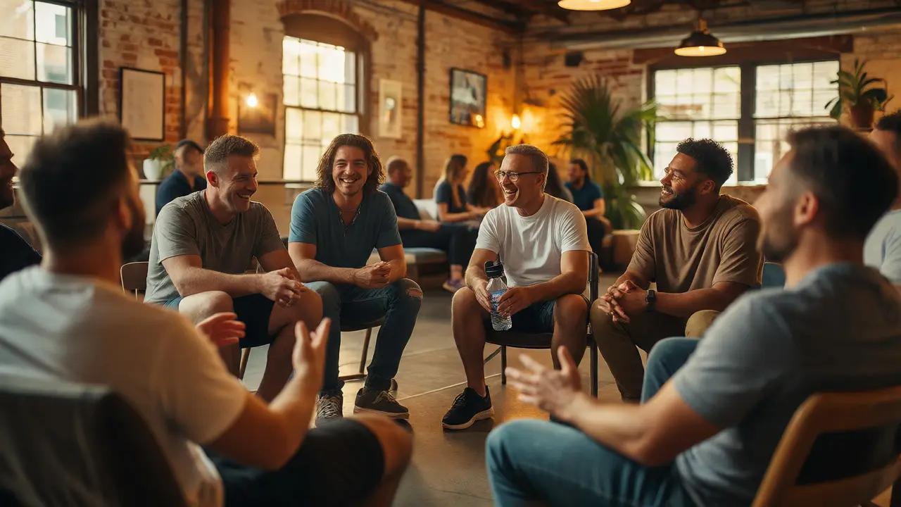 Group of men talking and laughing in a casual community wellness setting