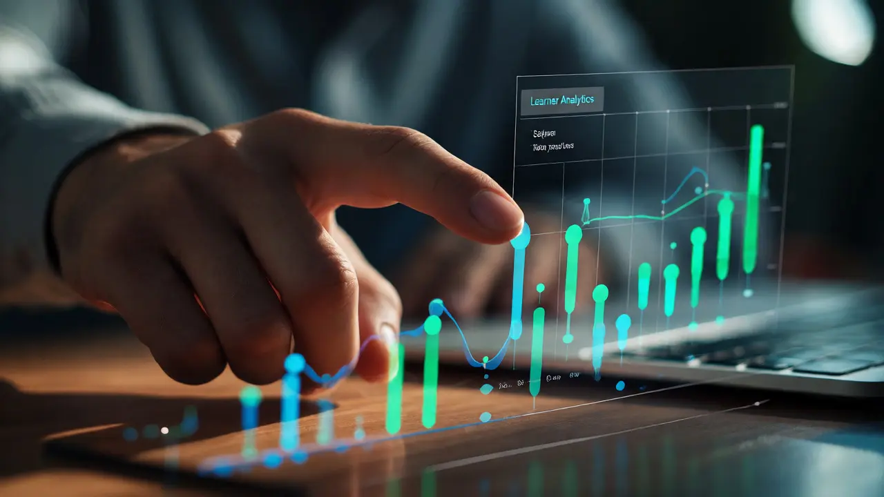 Hand interacting with floating holographic analytics graphs representing learner progress data.