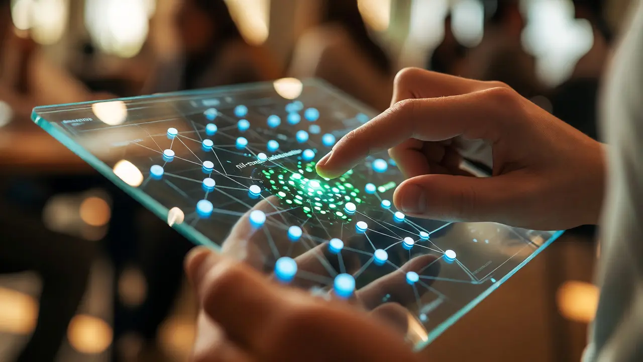 Hands interacting with a transparent tablet showing an interactive engagement heatmap