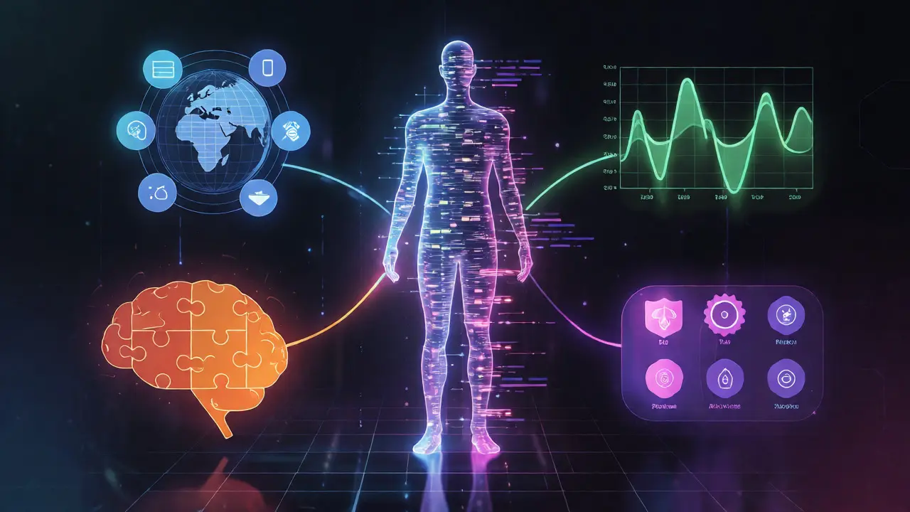 Holographic human figure surrounded by four pillars of learner profile data.