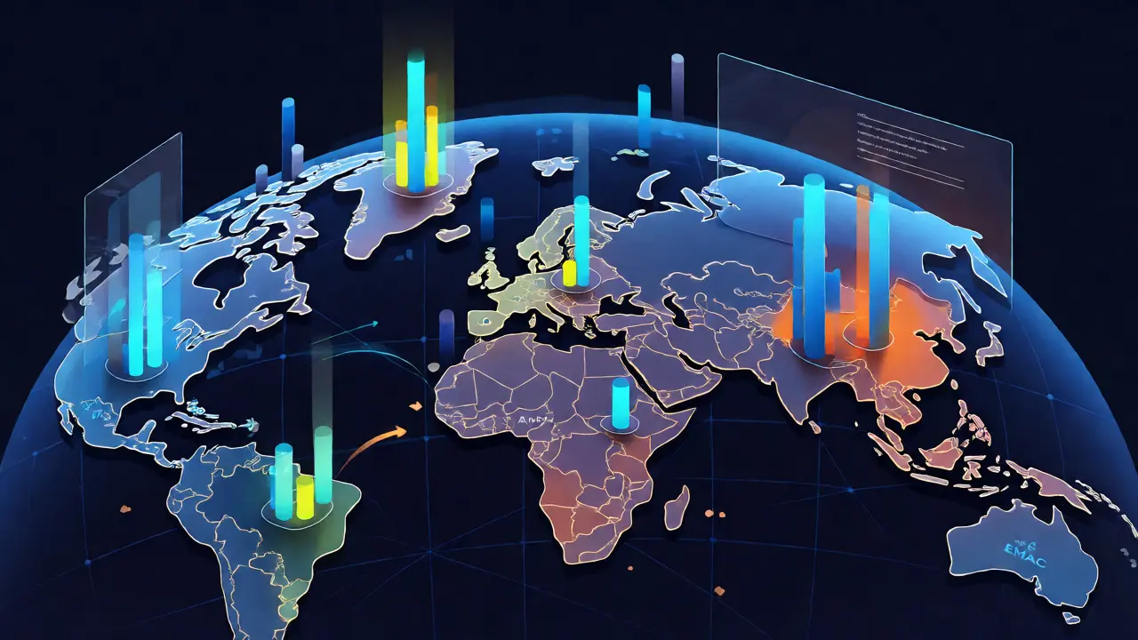 Isometric 3D globe with localized data pillars highlighting regional ROI variances.