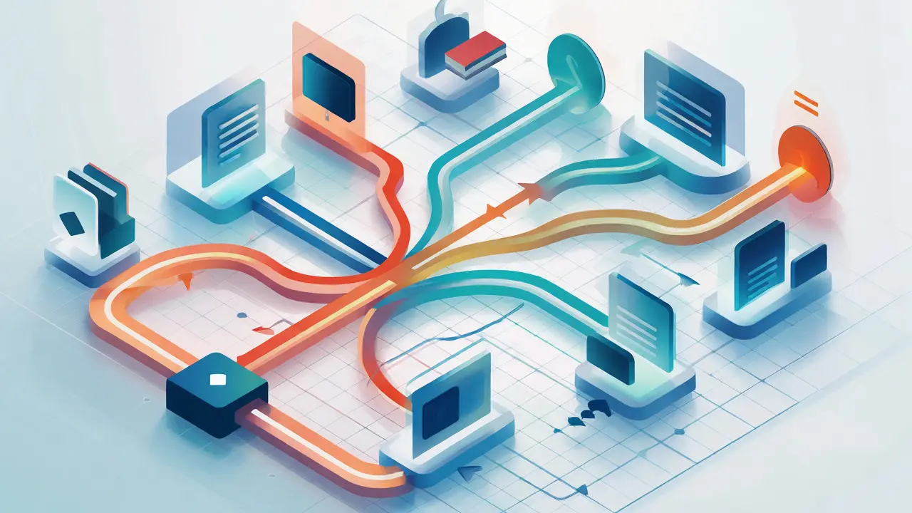 Isometric diagram showing flexible branching paths and loops in an adaptive learning system.