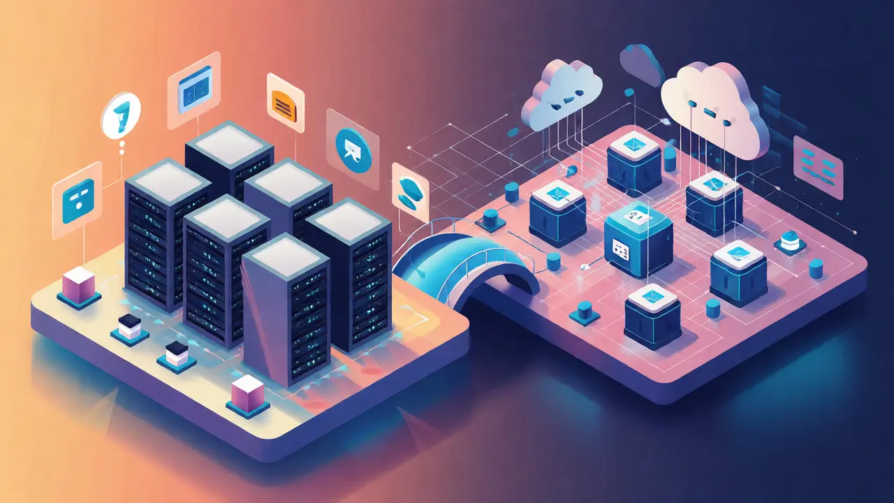 Isometric view contrasting simple Moodle servers with complex Open edX cloud infrastructure