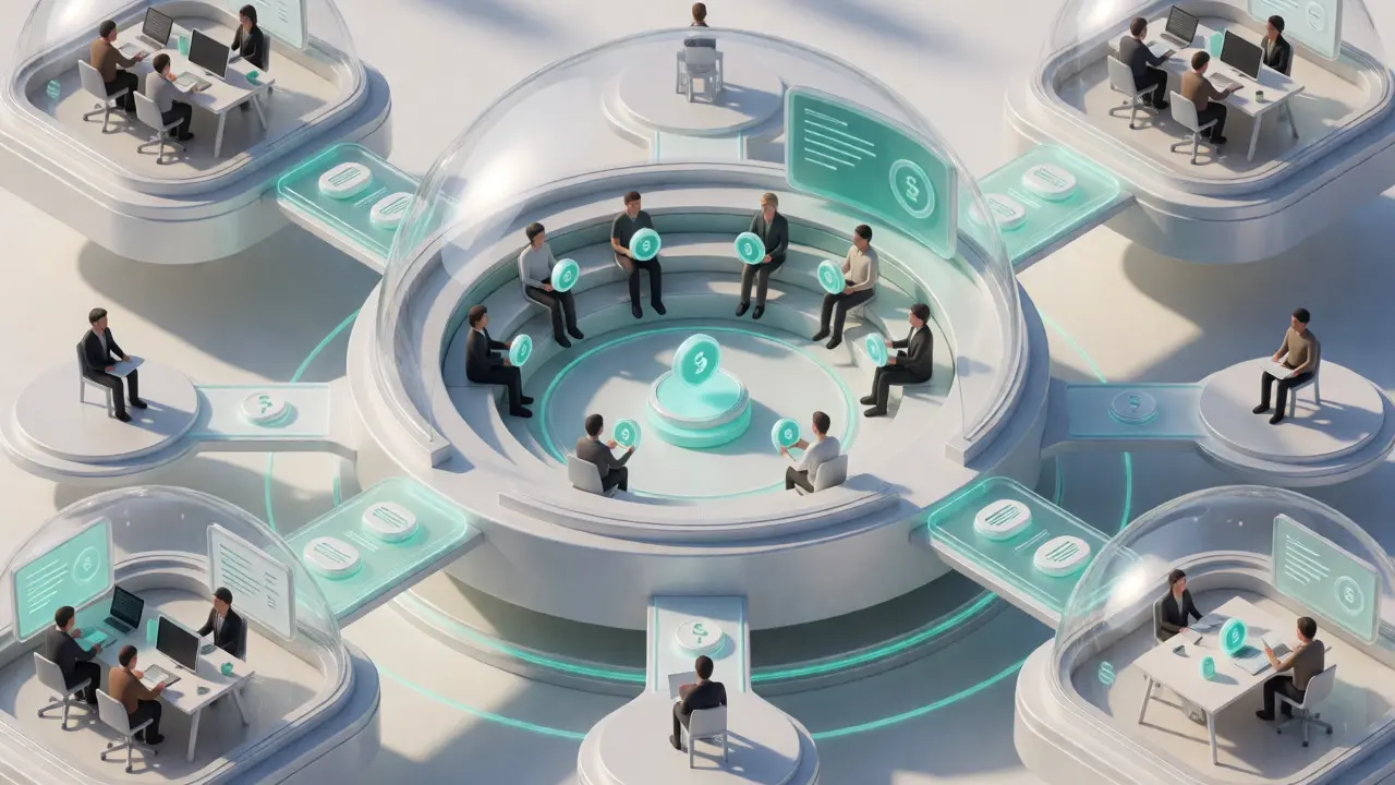 Isometric view of a DAO educational hub with voting avatars.