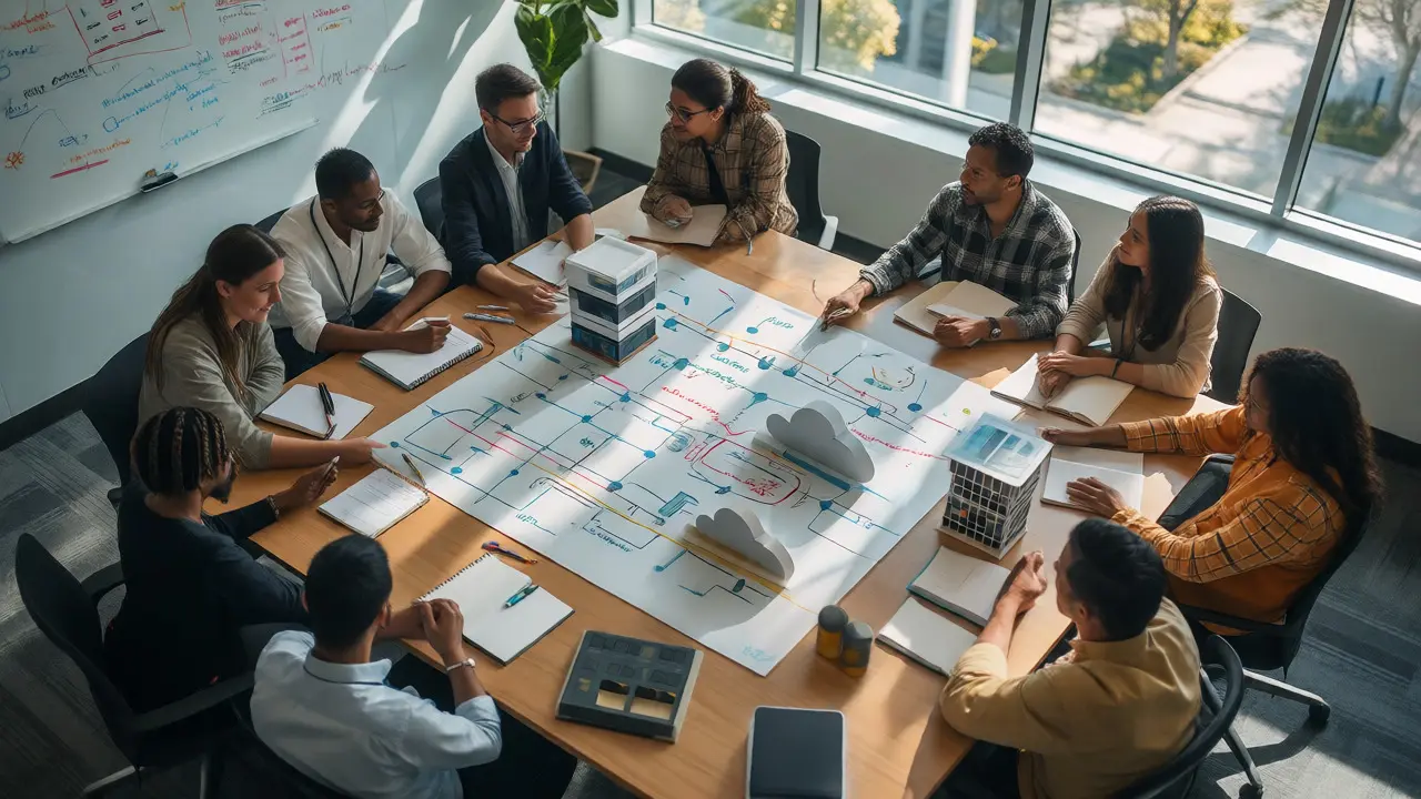 IT team collaborating on disaster recovery plans around a whiteboard