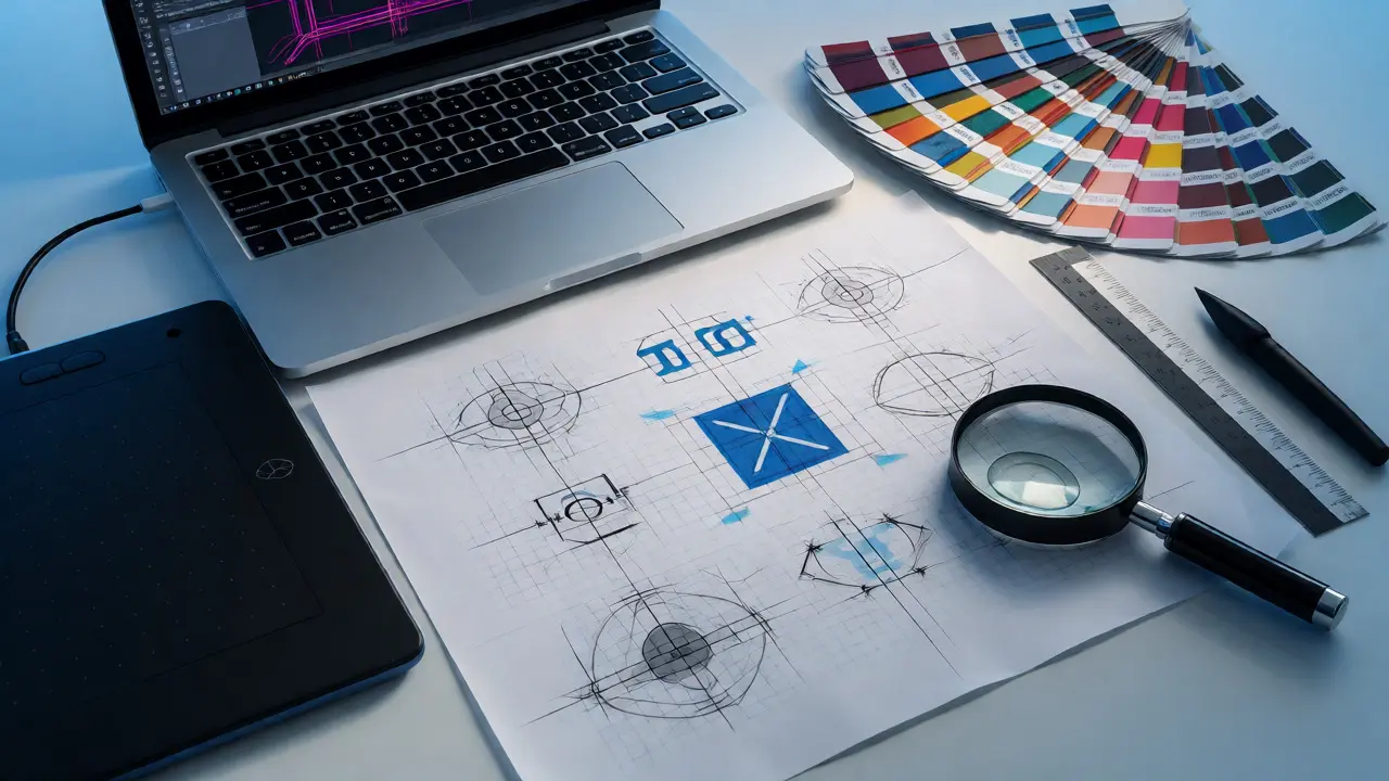 Logo sketching process with grid paper and vector software