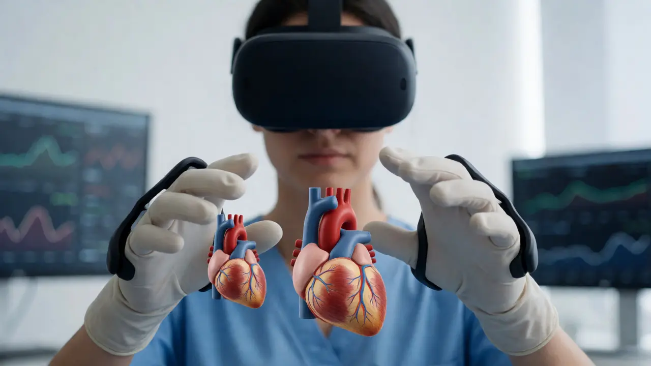 Medical student using VR headset and haptic gloves for virtual surgery practice