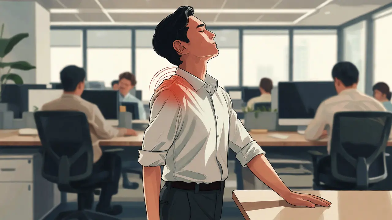 Office worker performing a standing stretch during a micro-break.