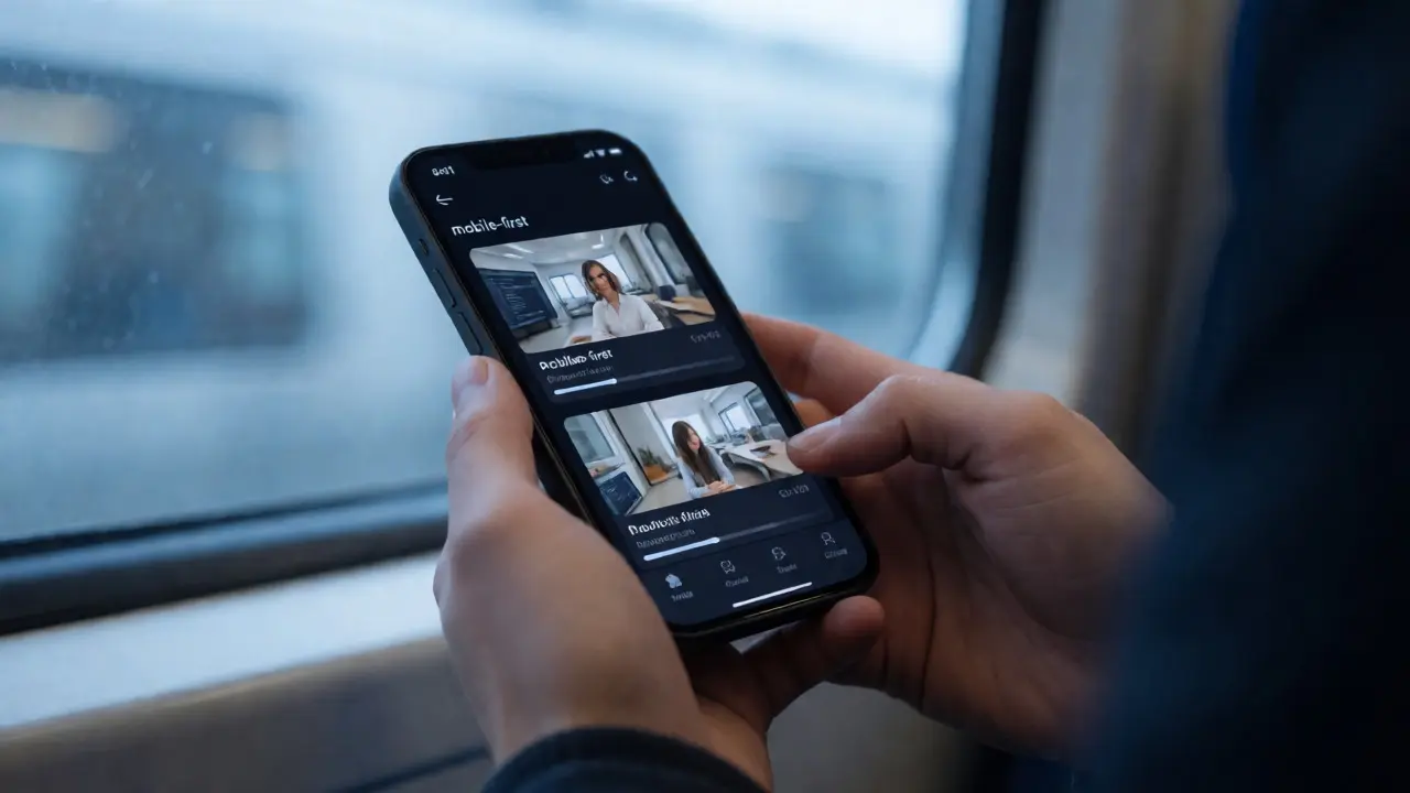 Person using a mobile learning app on a smartphone during a commute