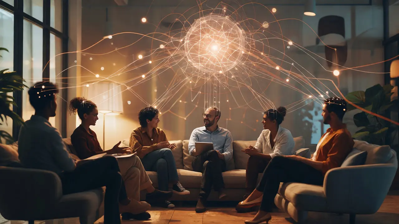 Professionals collaborating in a lounge with glowing AI neural networks connecting them.