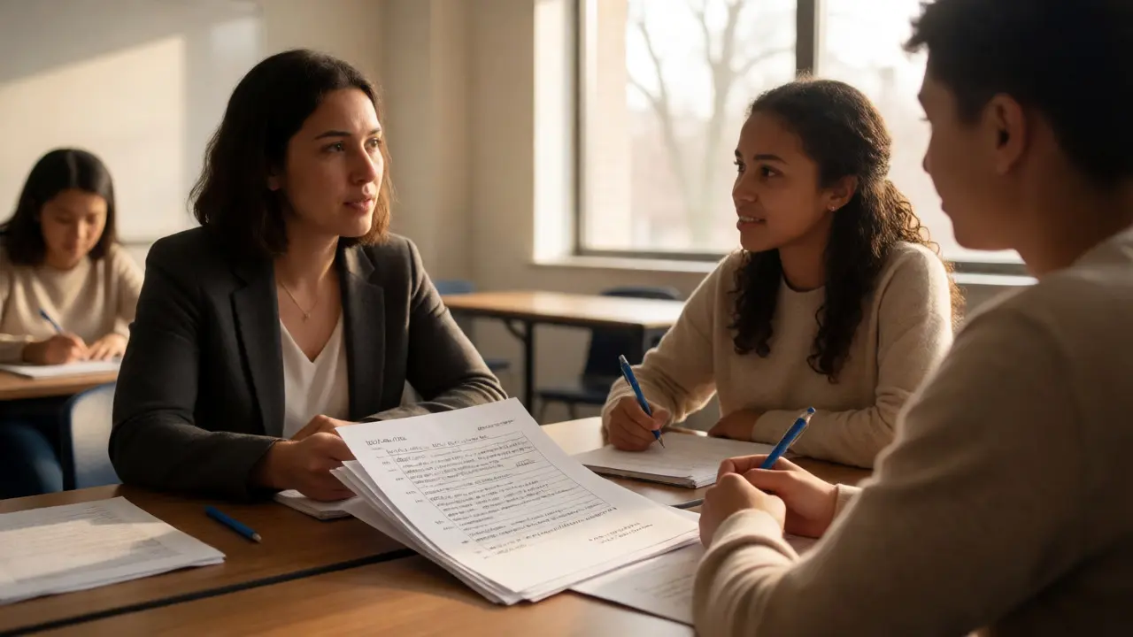 Professor and student discussing paper drafts and revisions during an oral defense.