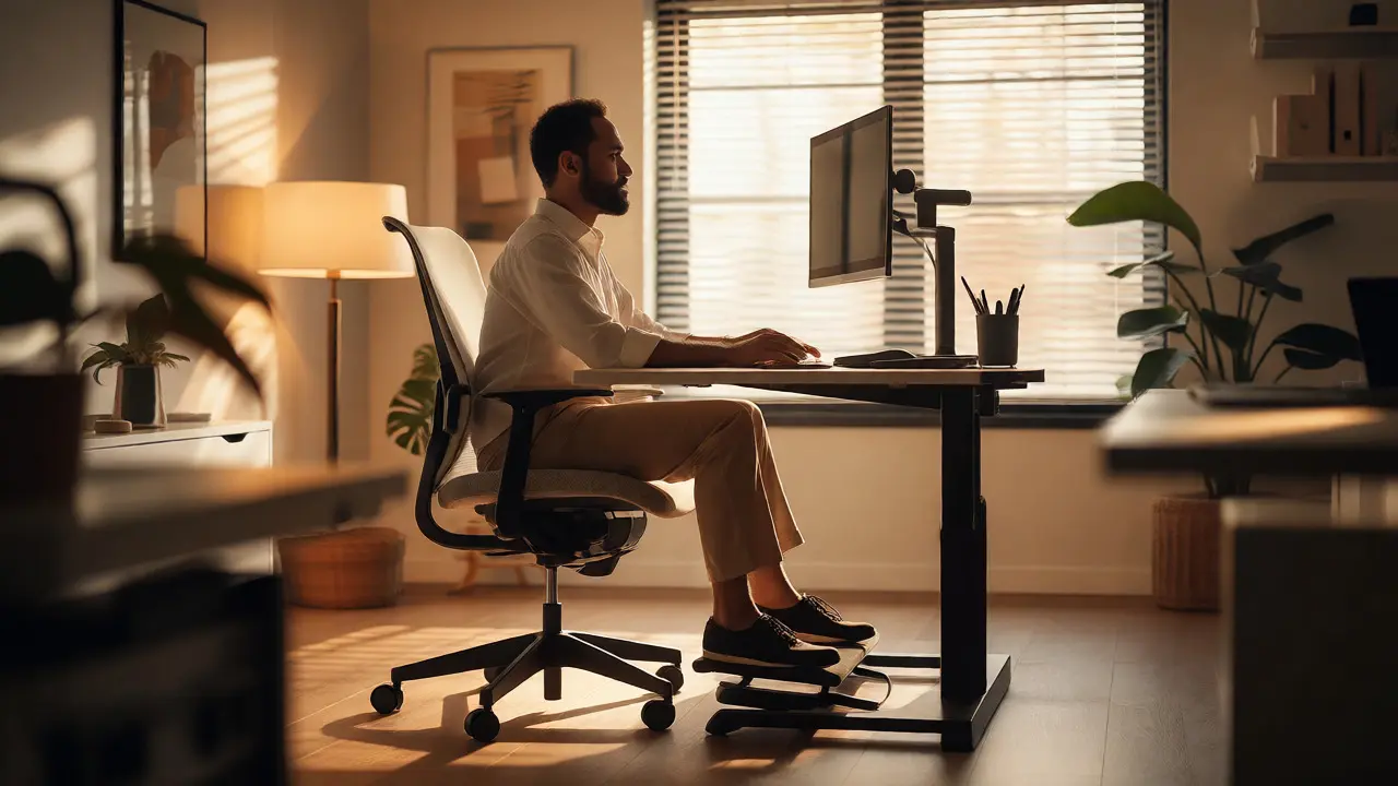 Properly set up ergonomic home office with correct chair and monitor height.