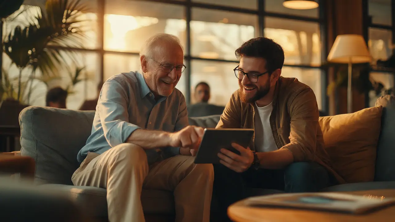 Senior leader and junior employee sharing ideas casually on a tablet.