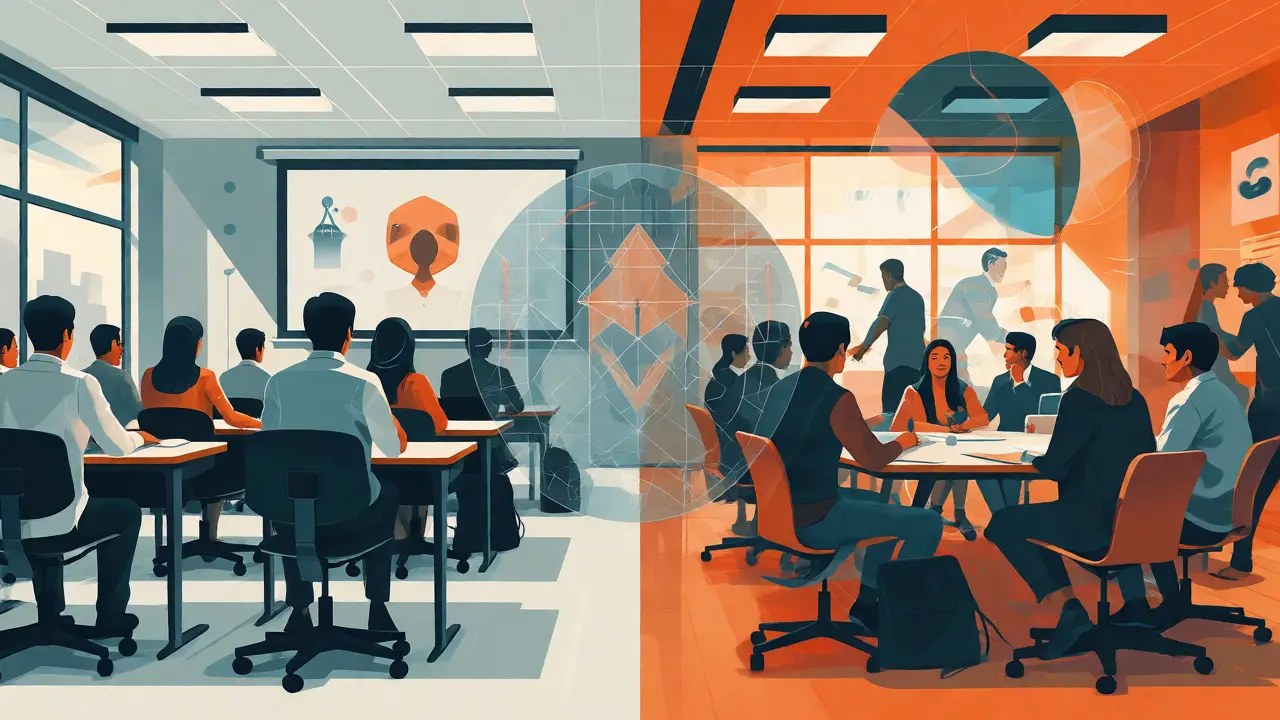 Split view comparing formal vs. collaborative learning styles across cultures.