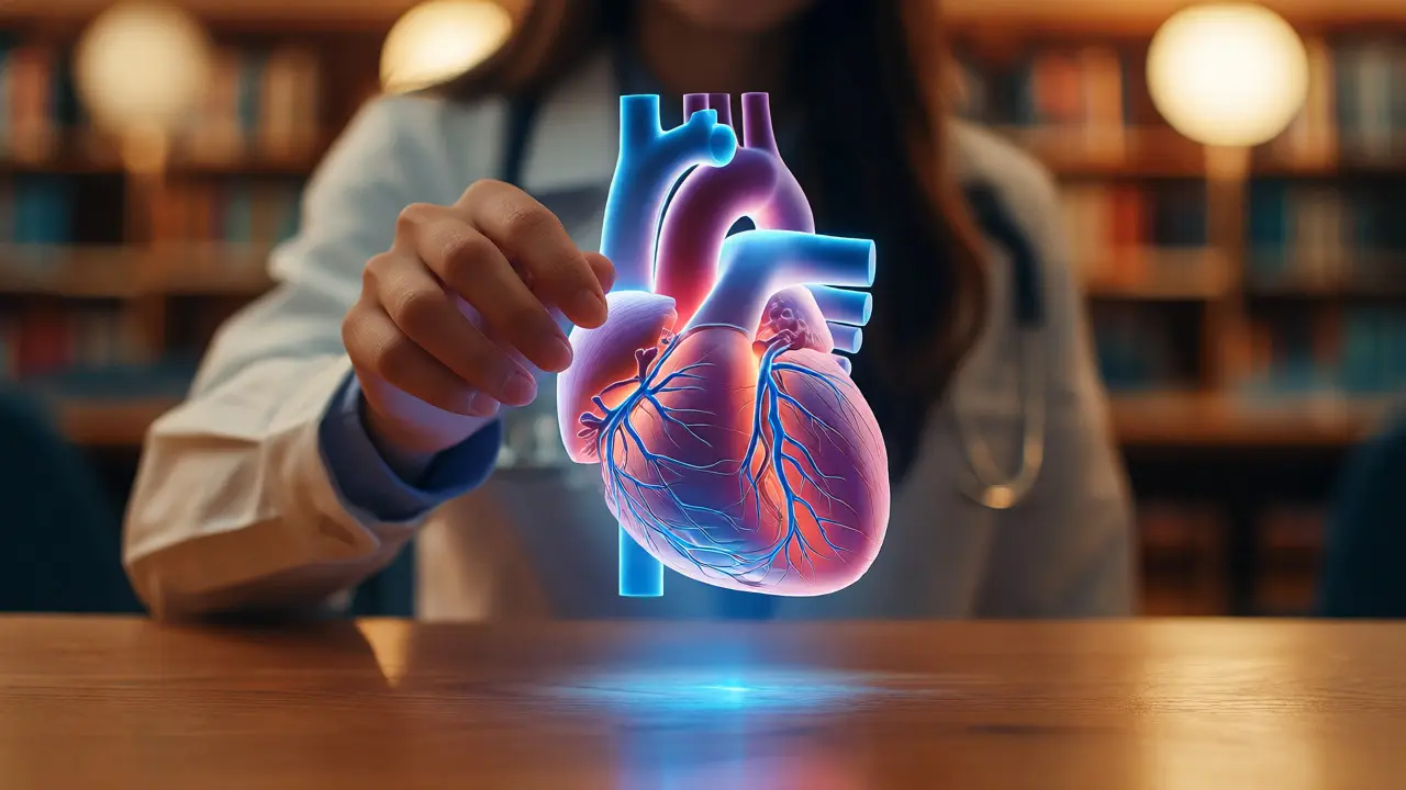 Student interacting with a holographic 3D heart model on a desk