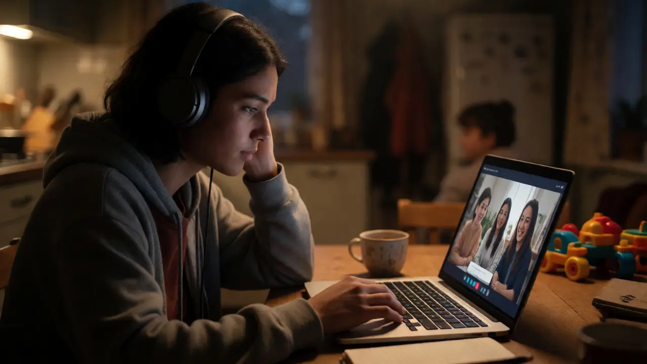 Student studying late at night at home, connected to a virtual class