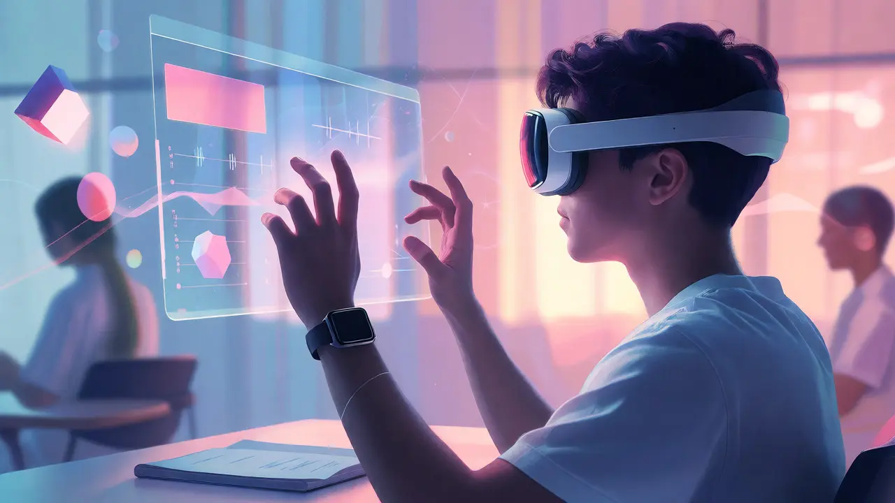 Student wearing tech accessories interacting with an adaptive holographic learning interface.