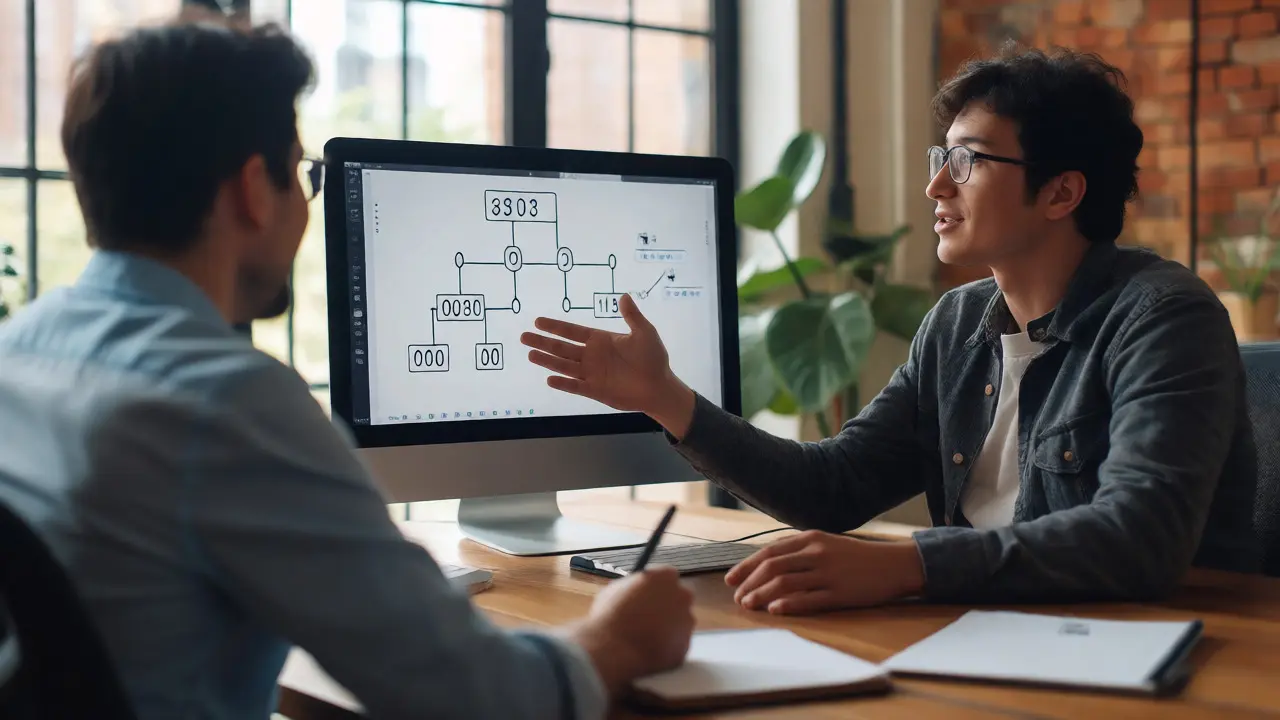 Two people collaborating on a binary tree diagram during a mock interview