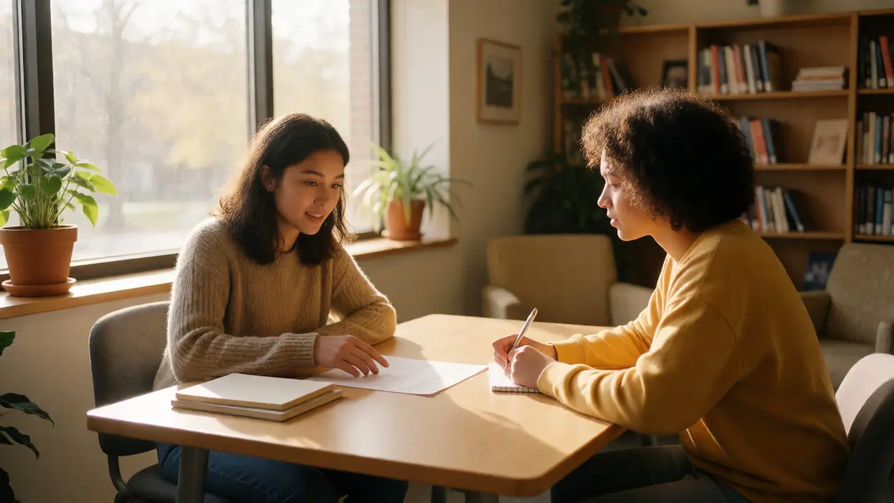 Two students collaborating at a table in a bright writing center