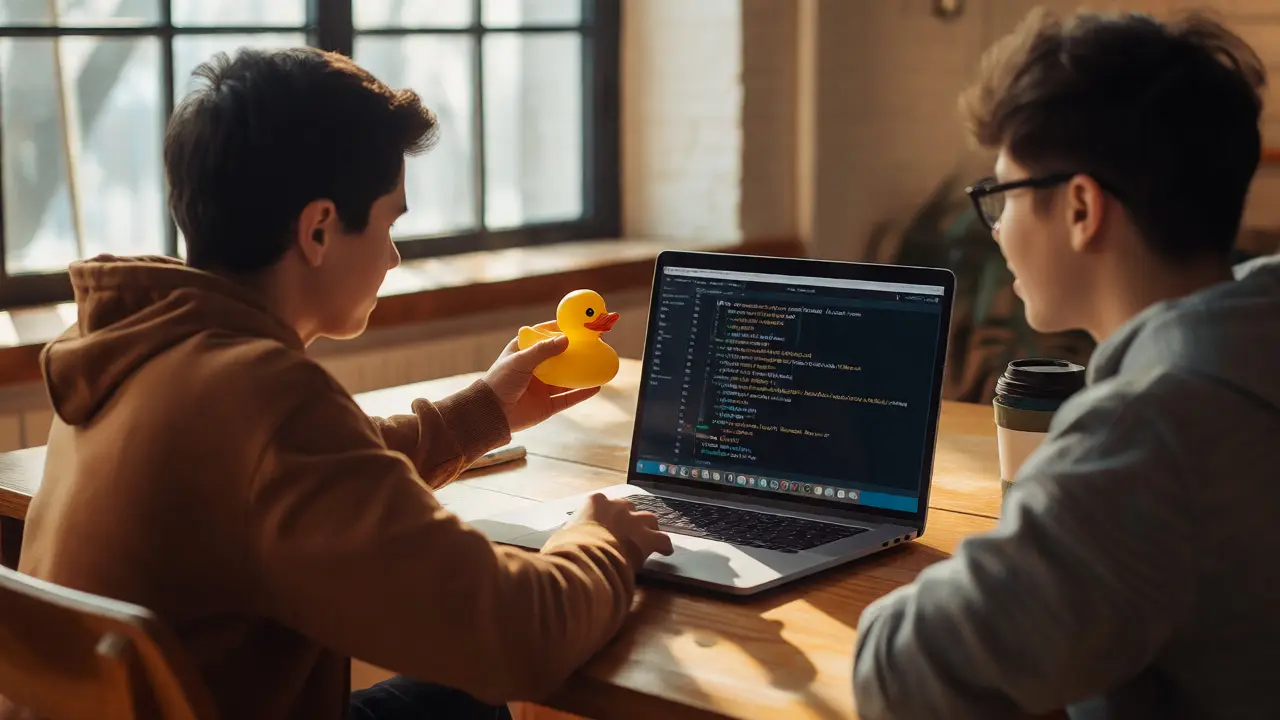 Two students collaborating with a rubber duck for debugging