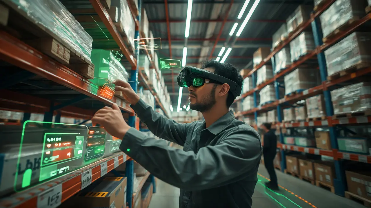 Warehouse worker with AR glasses seeing digital pick instructions