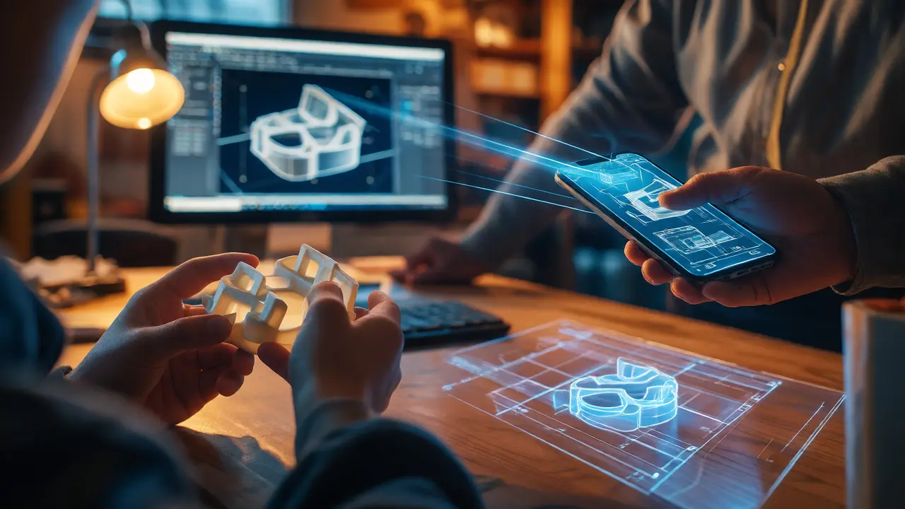 A student holding a 3D printed part with AR blueprints overlaid on the desk.